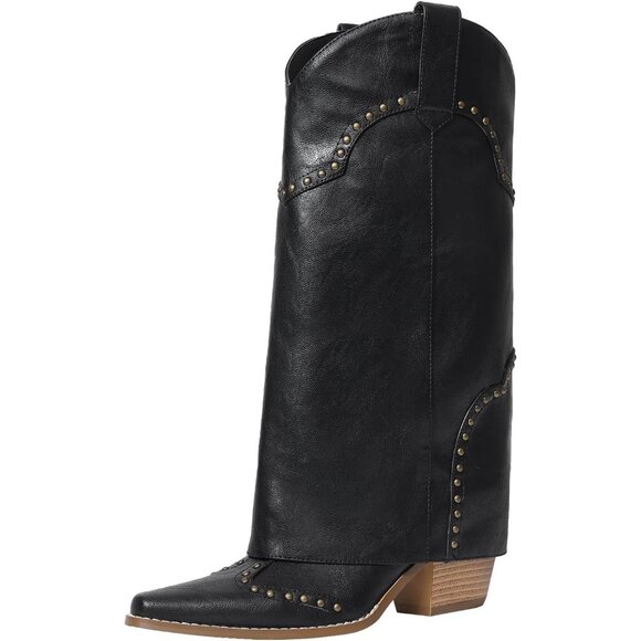 Women Shark Boots Fold Over Mid Calf Chunky Heel Black Cowgirl Pull On Studded - Picture 1 of 9